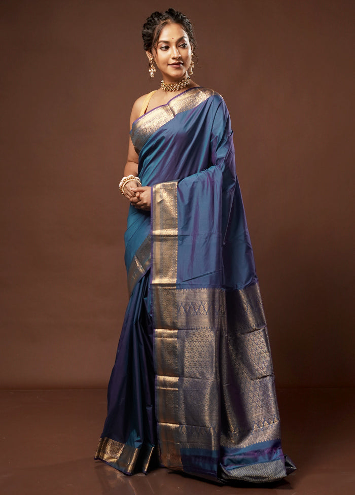 Blue Kanjivaram Silk Saree With Blouse Piece