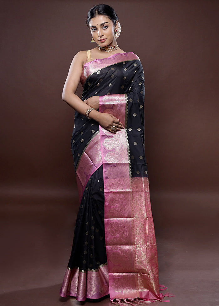 Black Kanjivaram Silk Saree Without Blouse Piece - Indian Silk House Agencies