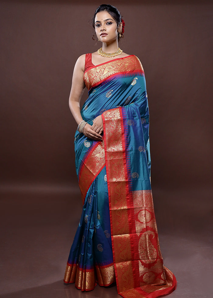 Blue Kanjivaram Silk Saree Without Blouse Piece - Indian Silk House Agencies