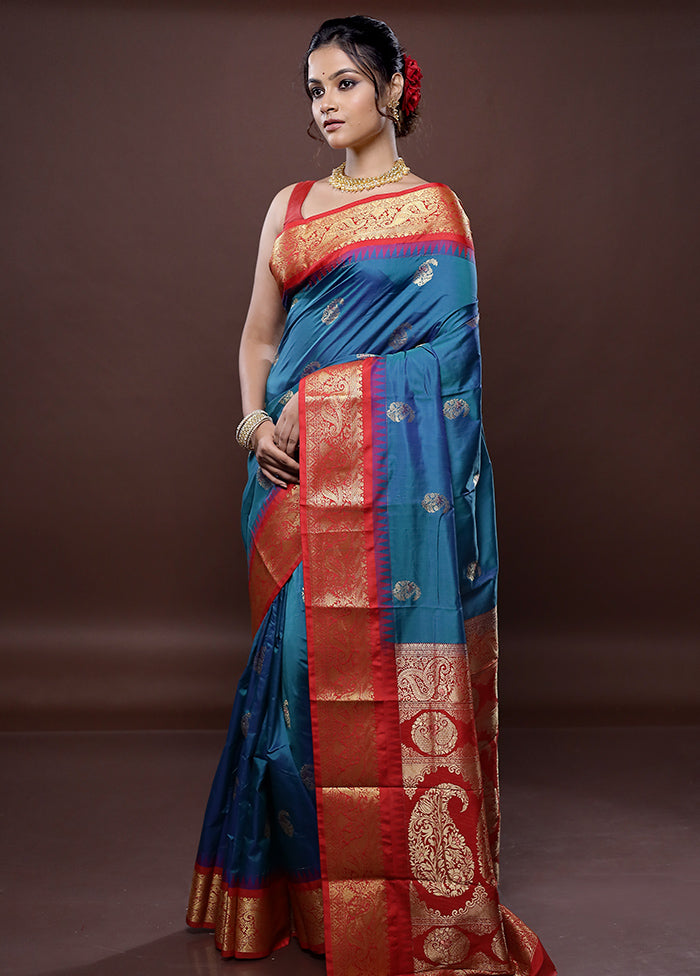 Blue Kanjivaram Silk Saree Without Blouse Piece - Indian Silk House Agencies