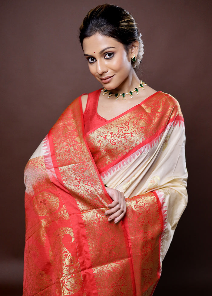 Cream Kanjivaram Silk Saree Without Blouse Piece