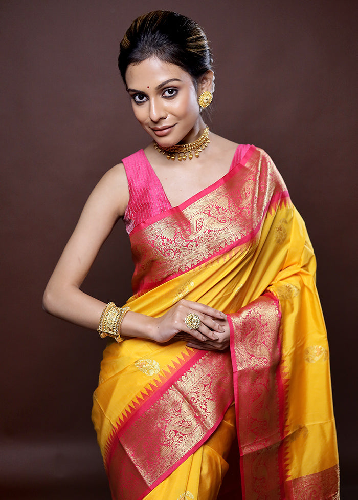 Yellow Kanjivaram Silk Saree Without Blouse Piece
