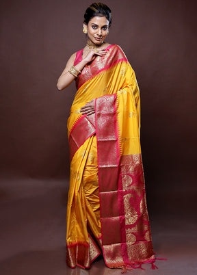 Yellow Kanjivaram Silk Saree Without Blouse Piece - Indian Silk House Agencies