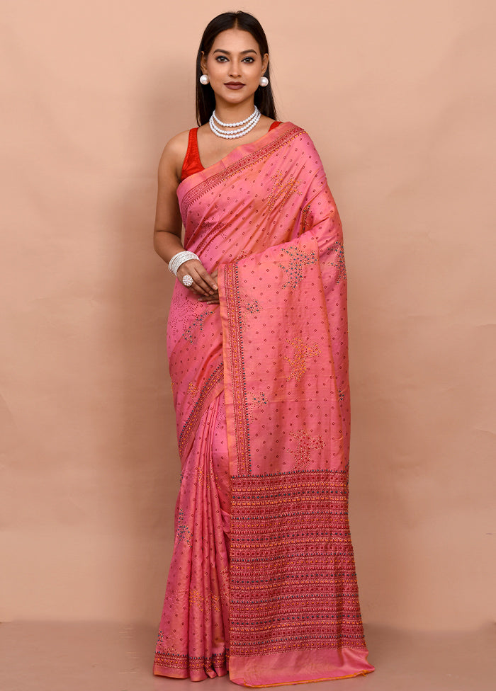 Pink Pure Bishnupuri Stiched Saree With Blouse Piece
