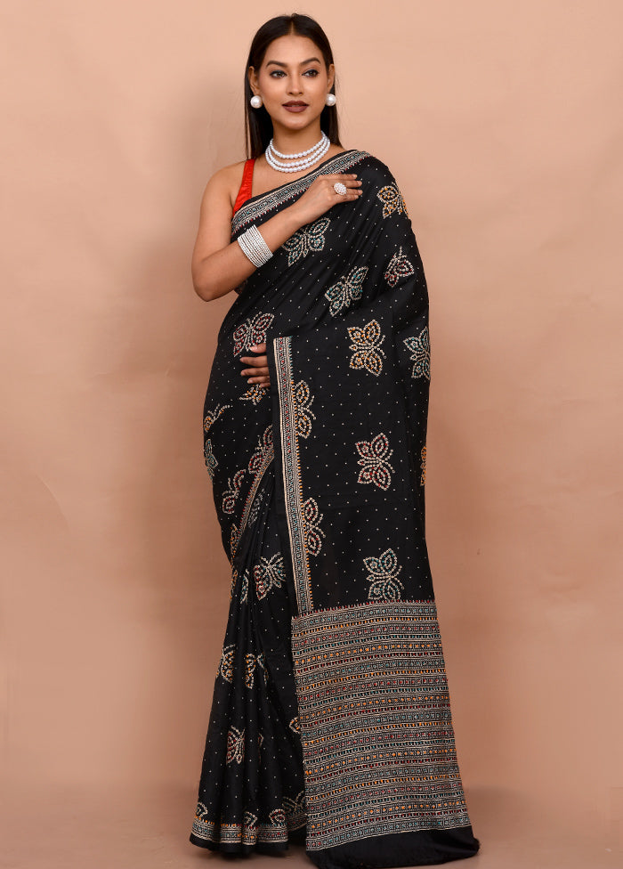 Black Pure Bishnupuri Stiched Saree With Blouse Piece - Indian Silk House Agencies