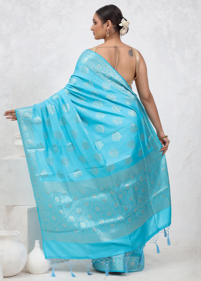 Blue Cotton Saree With Blouse Piece - Indian Silk House Agencies