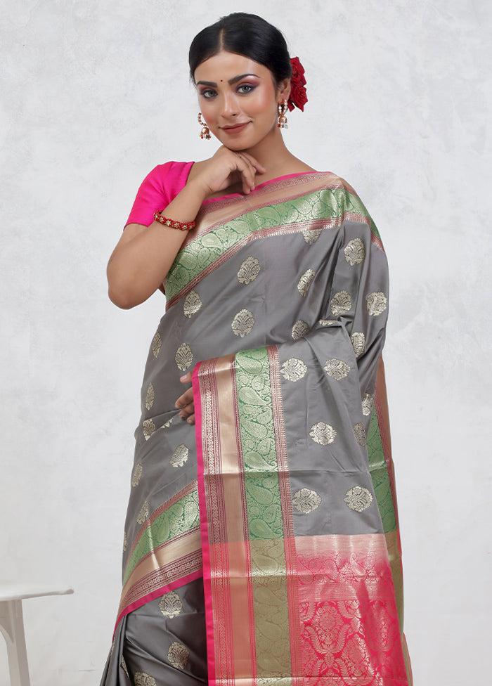 Grey Kanjivaram Silk Saree Without Blouse Piece - Indian Silk House Agencies
