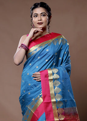 Blue Kanjivaram Silk Saree With Blouse Piece - Indian Silk House Agencies