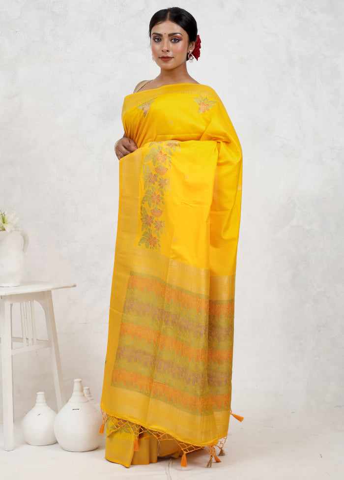 Yellow Dupion Silk Saree Without Blouse Piece - Indian Silk House Agencies