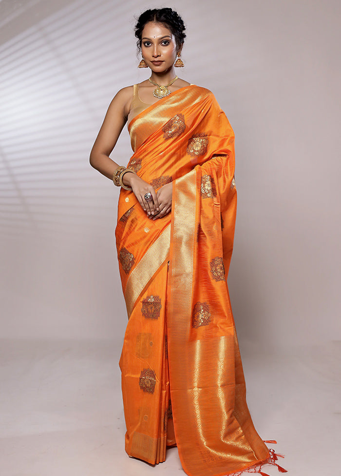 Orange Dupion Silk Saree Without Blouse Piece