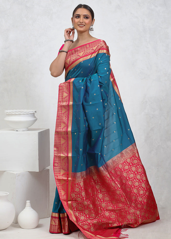 Blue Kanjivaram Silk Saree With Blouse Piece - Indian Silk House Agencies