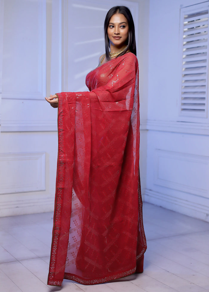 Red Chiffon Silk Saree With Blouse Piece - Indian Silk House Agencies