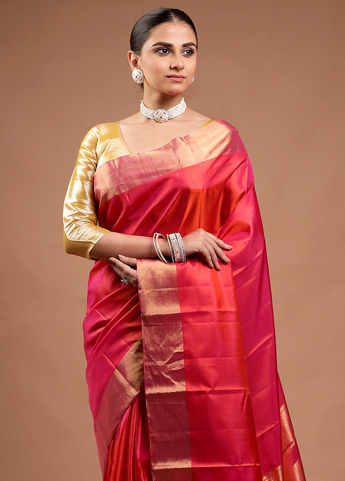 Pink Handloom Kanjivaram Pure Silk Saree With Blouse Piece