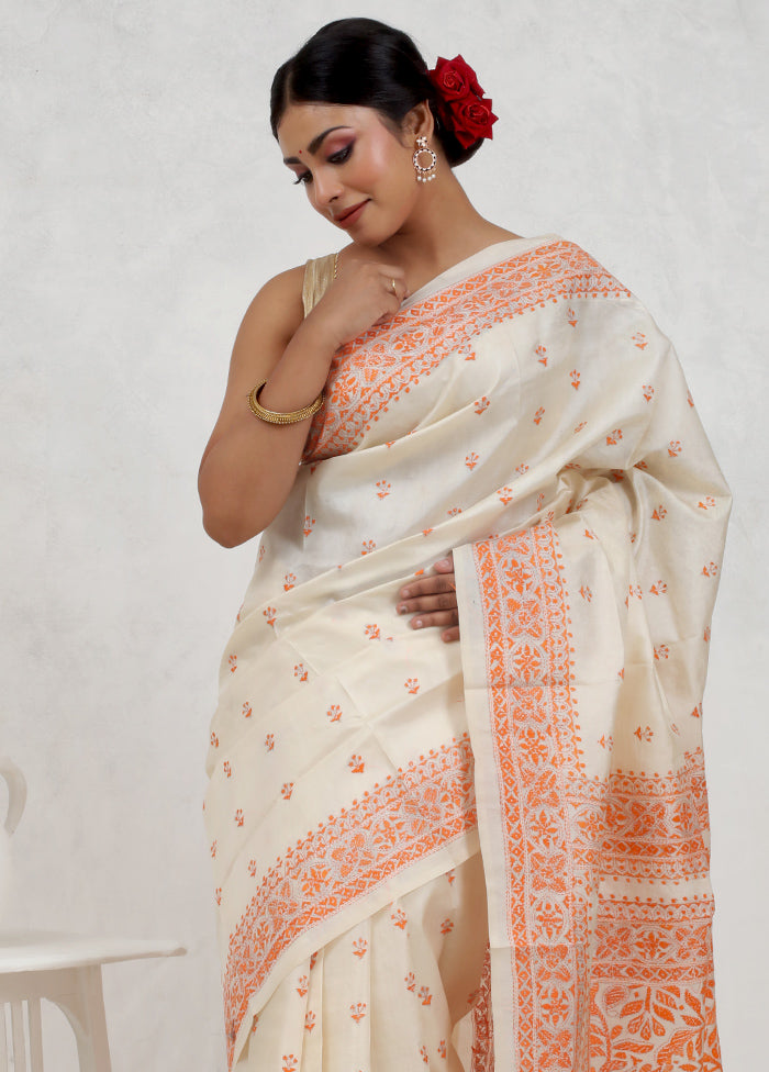 Cream Kantha Stitch Pure Silk Saree Without Blouse Piece