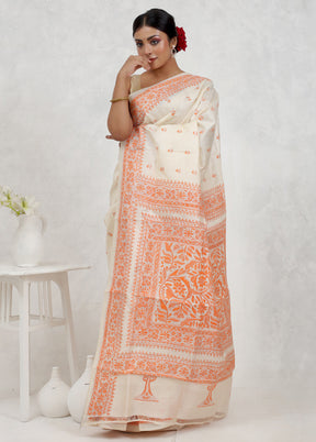Cream Kantha Stitch Pure Silk Saree Without Blouse Piece - Indian Silk House Agencies