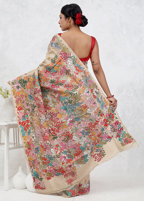 Cream Kantha Stitch Pure Silk Saree Without Blouse Piece - Indian Silk House Agencies