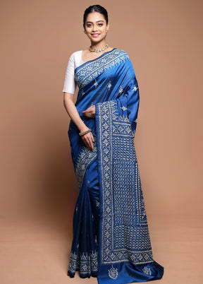 Blue Handloom Kantha Stitch Pure Silk Saree With Blouse Piece