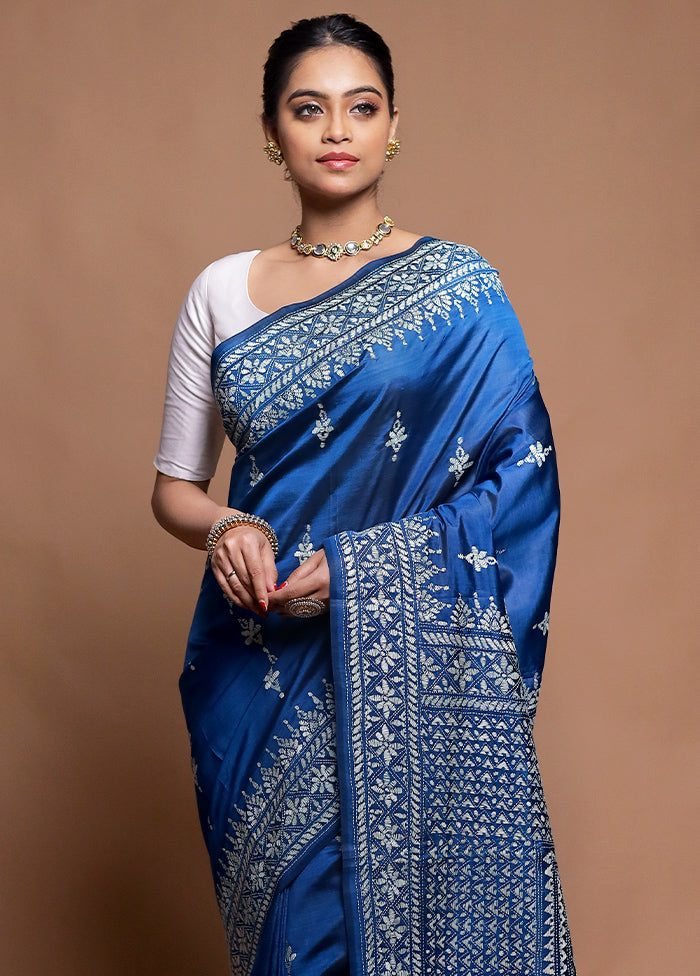 Blue Handloom Kantha Stitch Pure Silk Saree With Blouse Piece