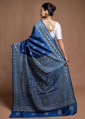 Blue Handloom Kantha Stitch Pure Silk Saree With Blouse Piece