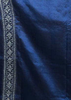 Blue Handloom Kantha Stitch Pure Silk Saree With Blouse Piece