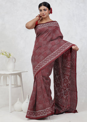 Pink Kantha Stitch Pure Silk Saree Without Blouse Piece - Indian Silk House Agencies