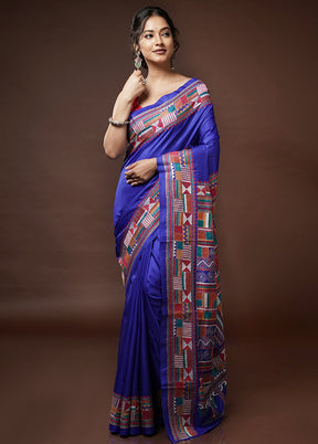 Blue Kantha Stitch Pure Silk Saree With Blouse Piece