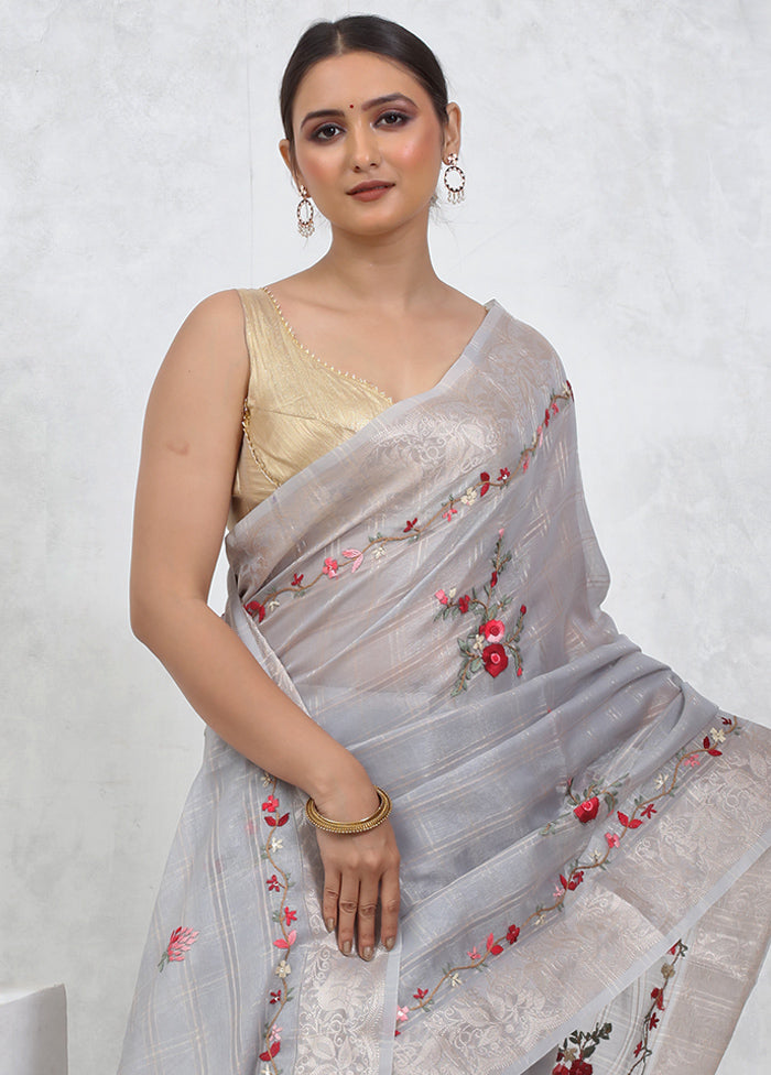 Grey Tissue Silk Saree With Blouse Piece - Indian Silk House Agencies