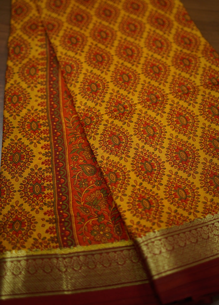 Yellow Printed Pure Silk Saree With Blouse Piece