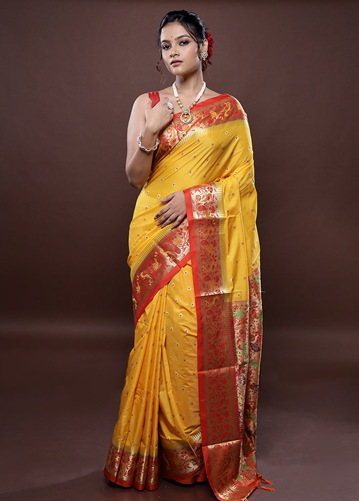 Yellow Kanjivaram Silk Saree Without Blouse Piece - Indian Silk House Agencies