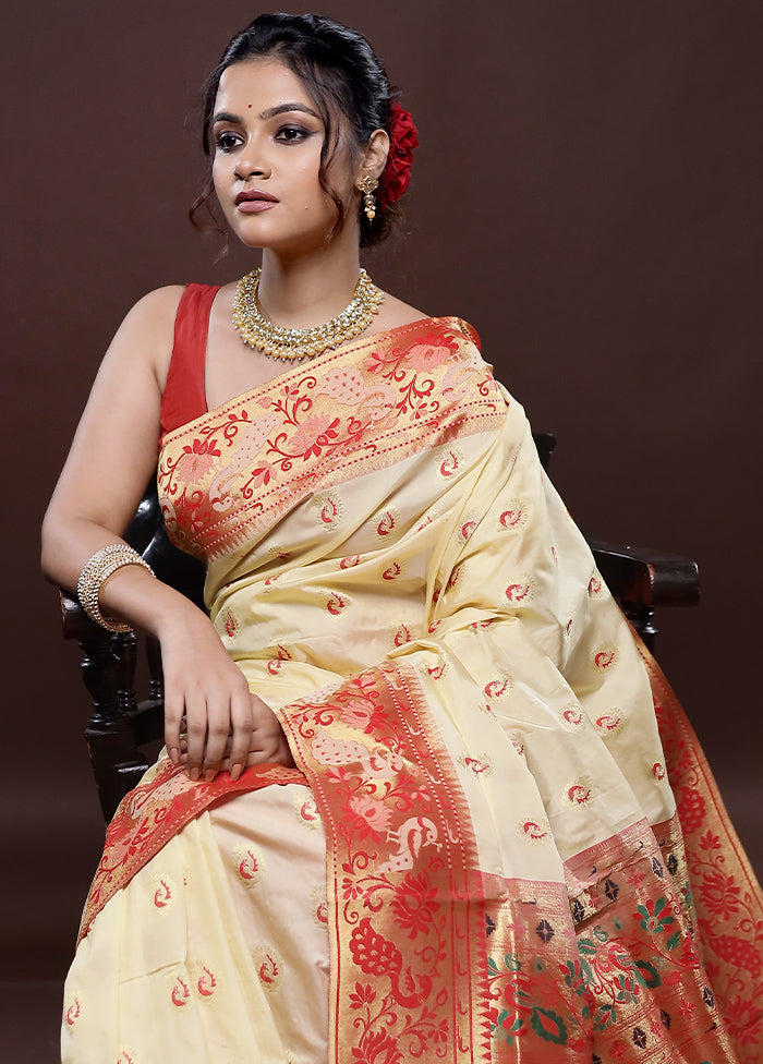 Cream Kanjivaram Silk Saree Without Blouse Piece