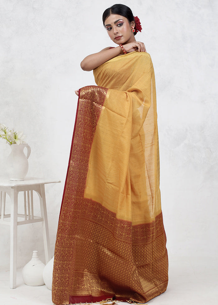 Yellow Dupion Silk Saree Without Blouse Piece - Indian Silk House Agencies