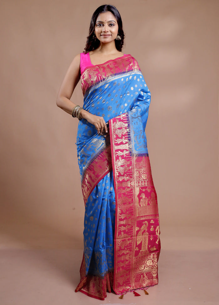 Blue Dupion Silk Saree With Blouse Piece - Indian Silk House Agencies