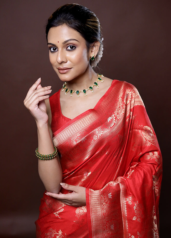 Red Dupion Silk Saree Without Blouse Piece