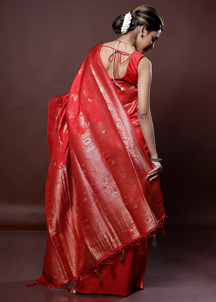 Red Dupion Silk Saree Without Blouse Piece - Indian Silk House Agencies