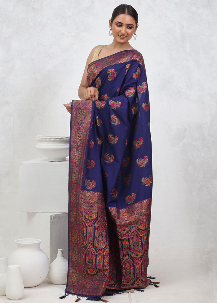 Blue Dupion Silk Saree With Blouse Piece