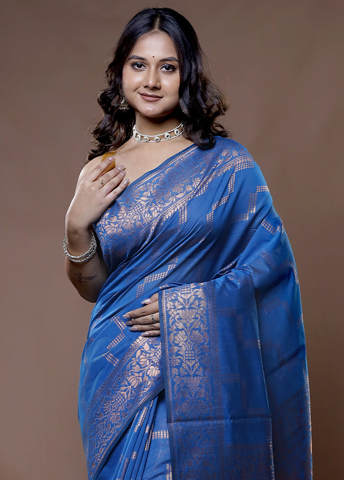 Blue Cotton Saree With Blouse Piece - Indian Silk House Agencies