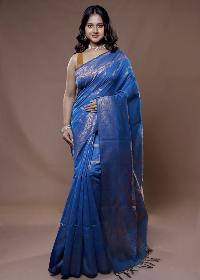 Blue Cotton Saree With Blouse Piece