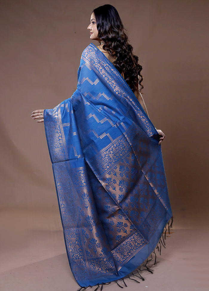 Blue Cotton Saree With Blouse Piece - Indian Silk House Agencies