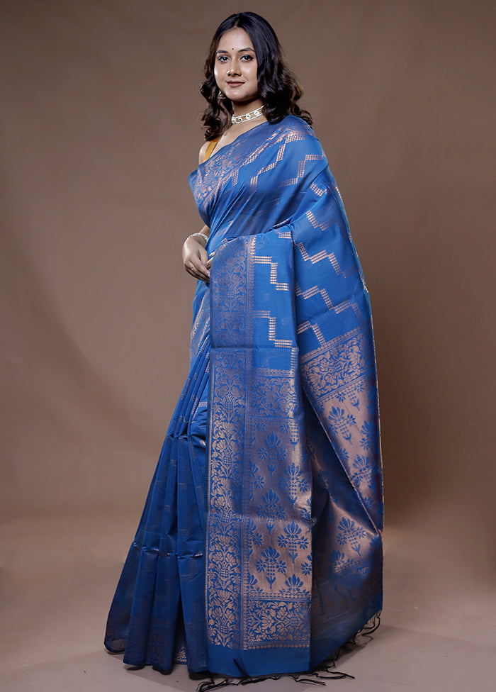 Blue Cotton Saree With Blouse Piece
