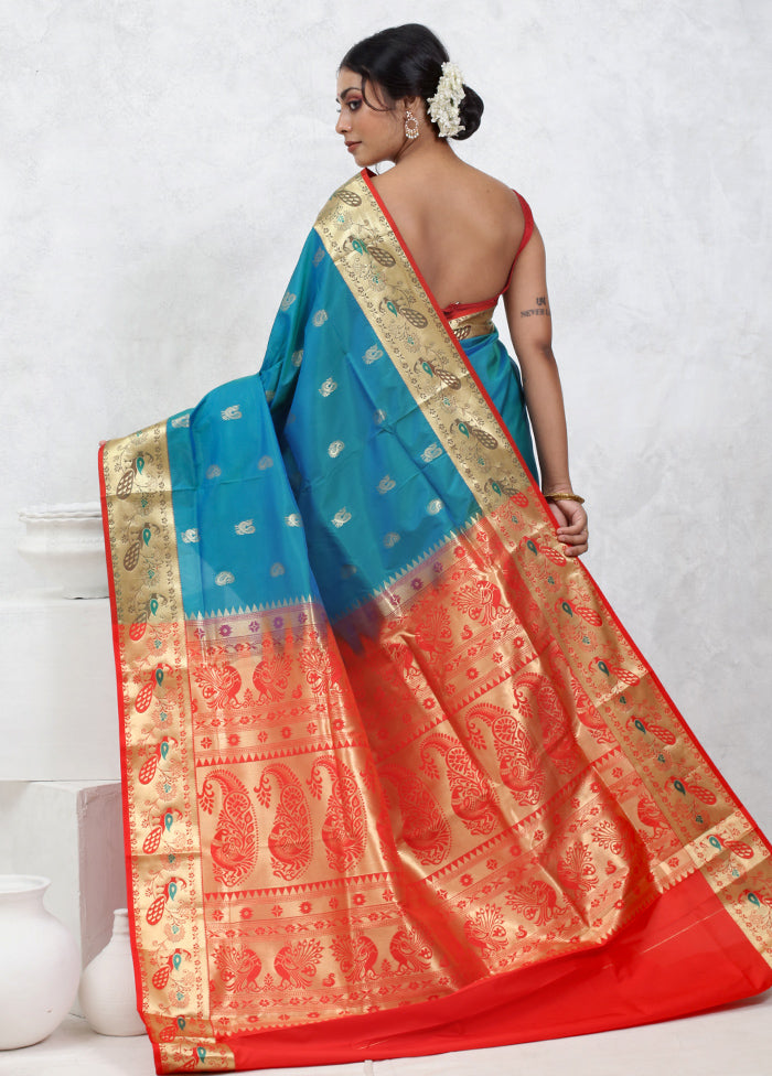 Blue Kanjivaram Silk Saree With Blouse Piece - Indian Silk House Agencies