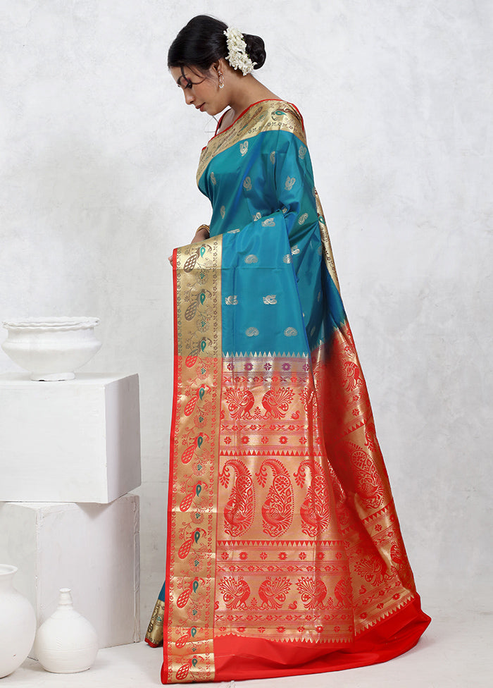 Blue Kanjivaram Silk Saree With Blouse Piece - Indian Silk House Agencies