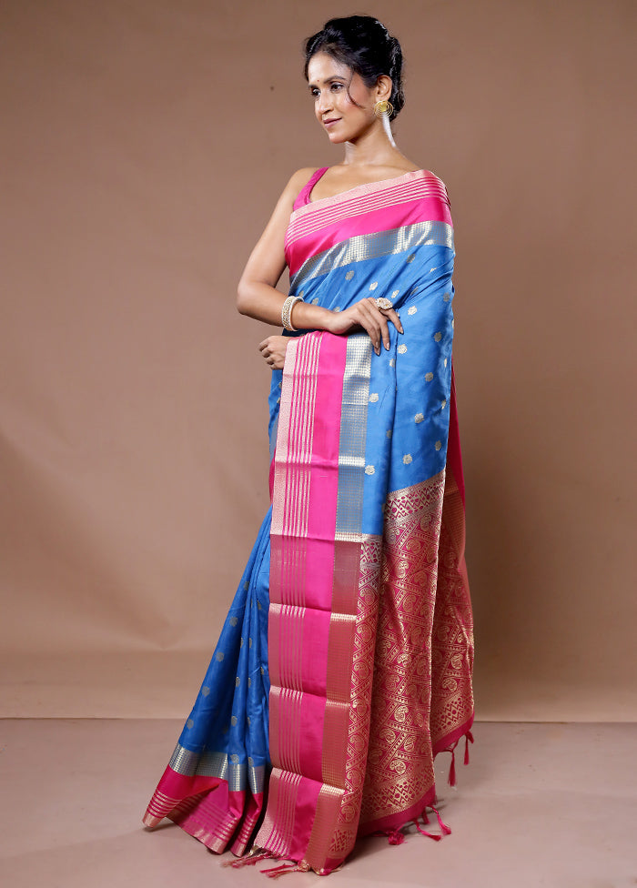 Blue Kanjivaram Silk Saree With Blouse Piece