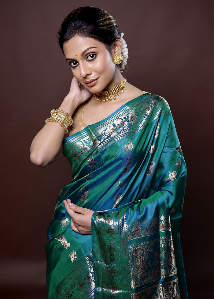 Green Baluchari Pure Silk Saree Without Blouse Piece - Indian Silk House Agencies