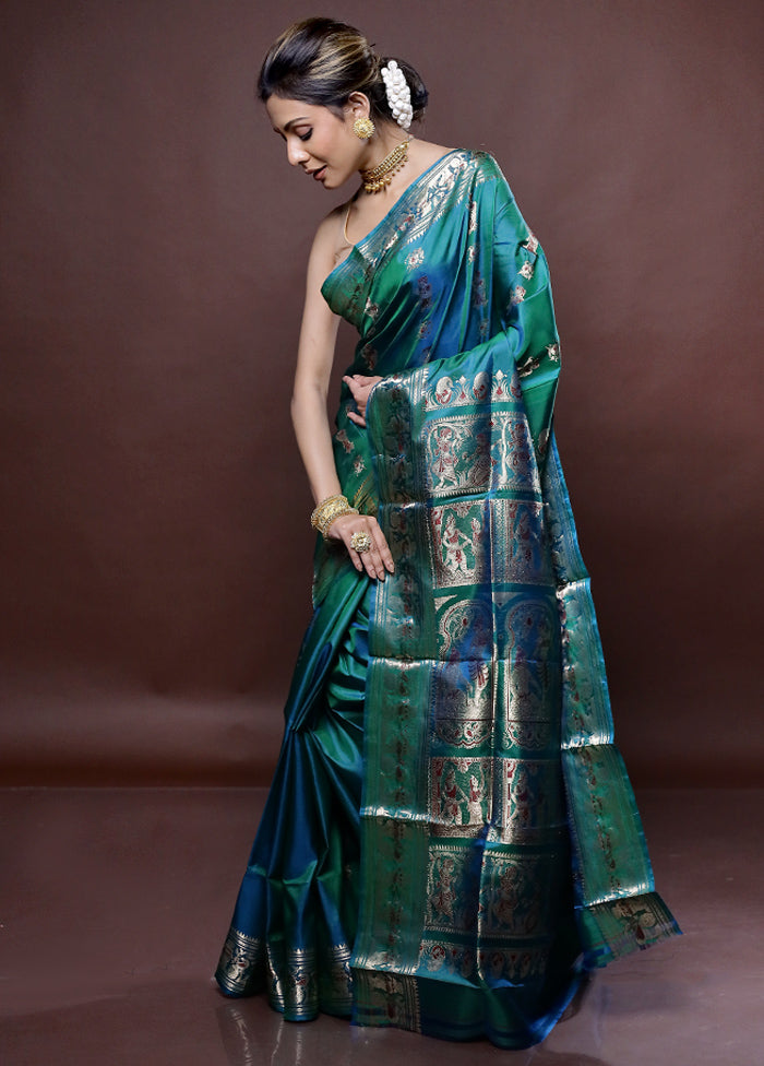 Green Baluchari Pure Silk Saree Without Blouse Piece - Indian Silk House Agencies