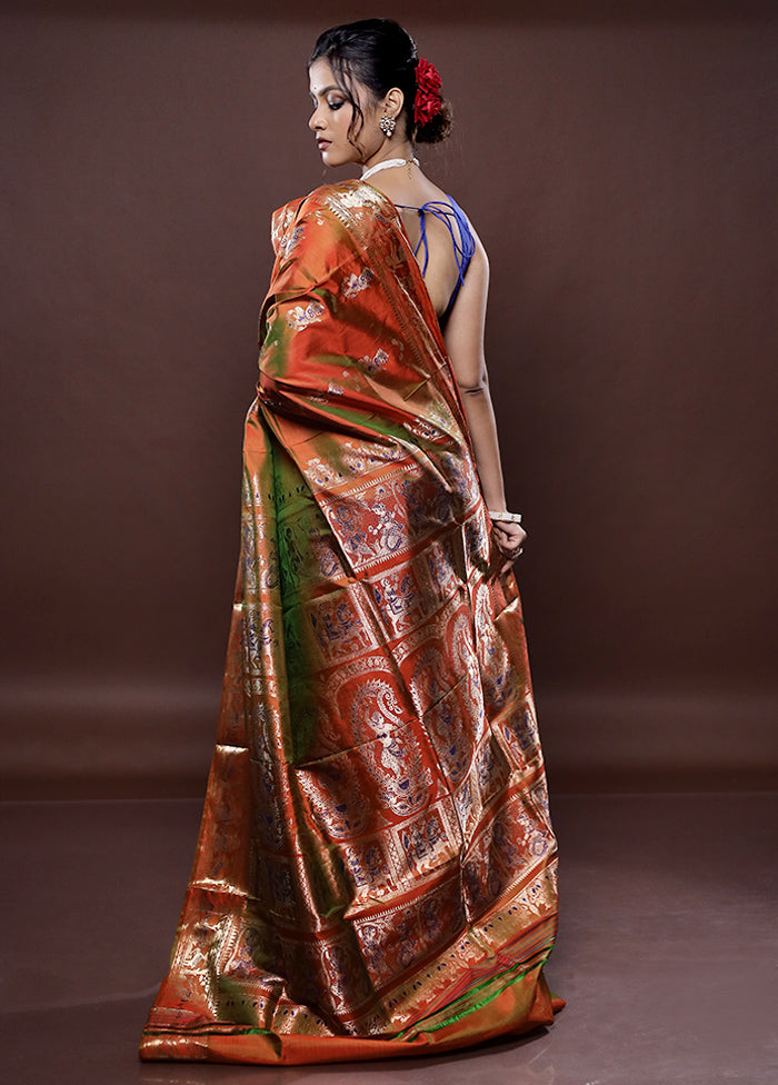 Orange Baluchari Pure Silk Saree Without Blouse Piece - Indian Silk House Agencies