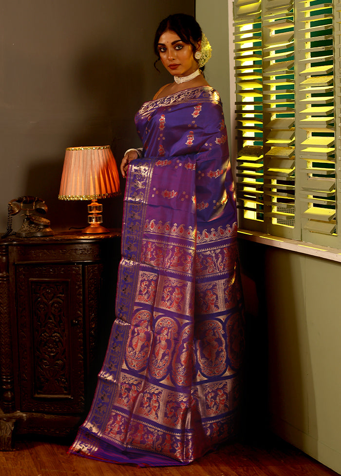 Purple Baluchari Pure Silk Saree With Blouse Piece