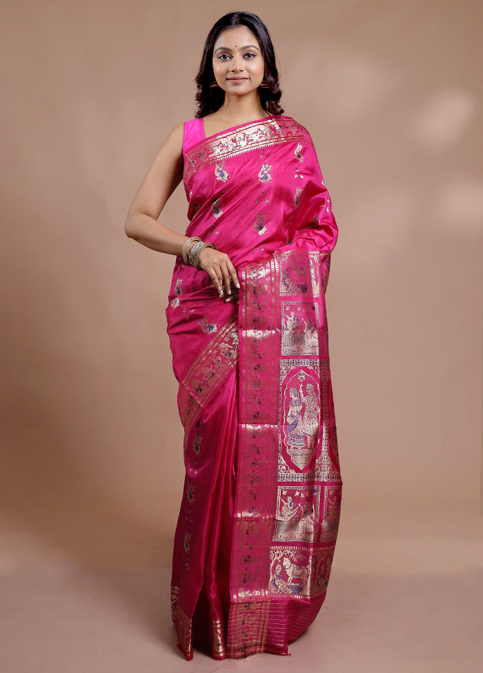 Pink Baluchari Pure Silk Saree With Blouse Piece
