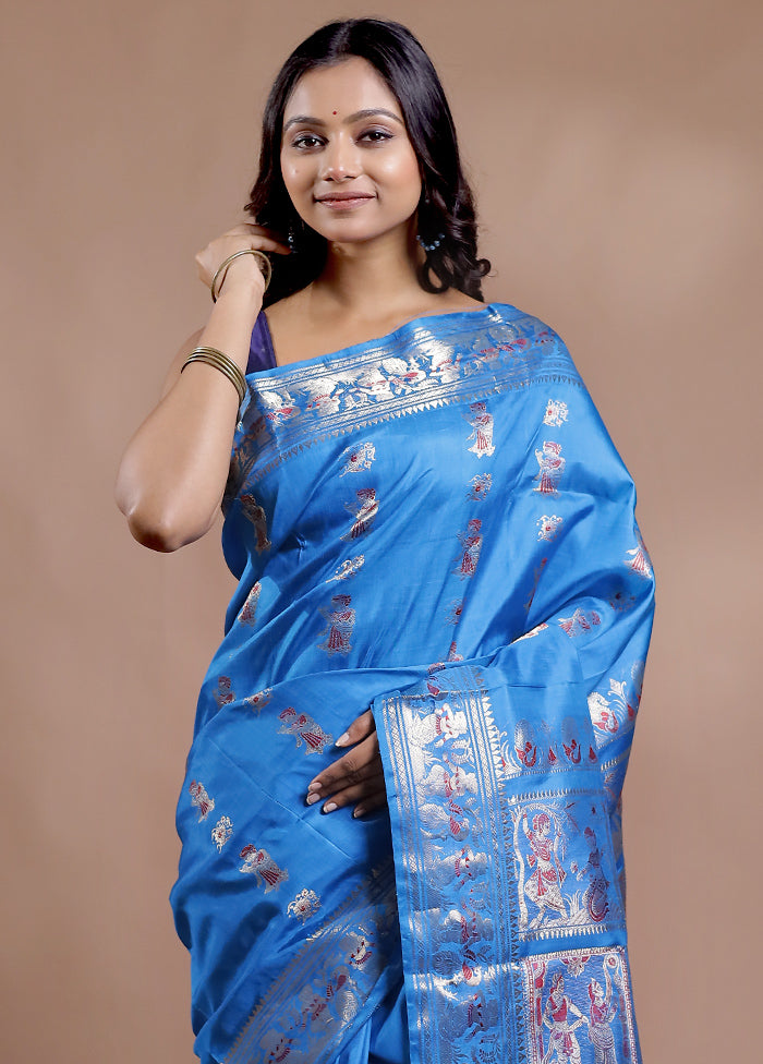 Blue Baluchari Pure Silk Saree With Blouse Piece
