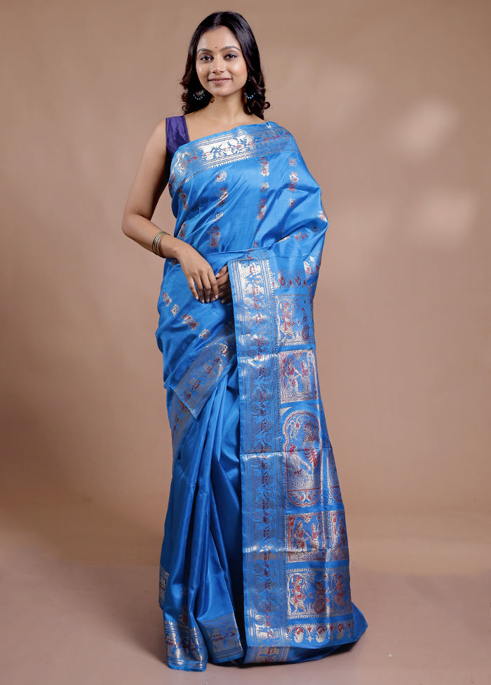 Blue Baluchari Pure Silk Saree With Blouse Piece