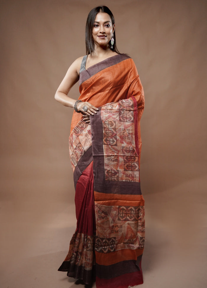 Orange Tussar Silk Saree With Blouse Piece